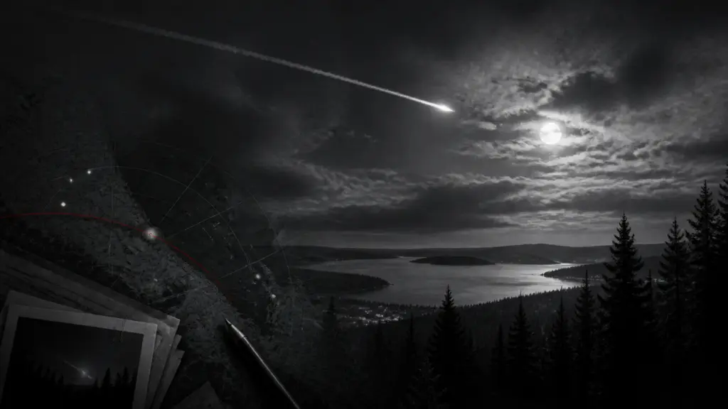 Editorial illustration of a luminous ghost rocket crossing the night sky above a Scandinavian lake