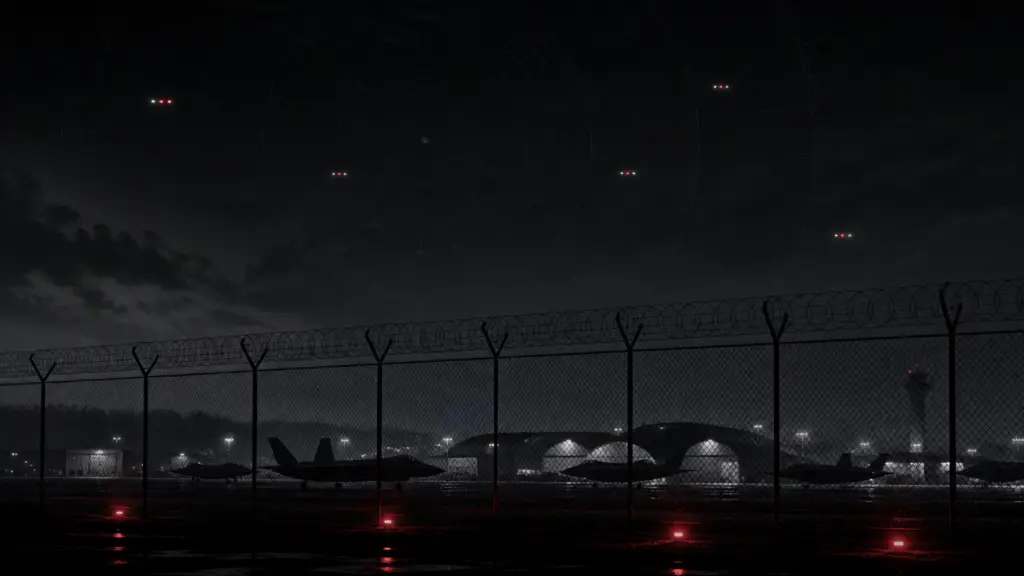 Editorial illustration of small drone lights above the perimeter of a military airfield