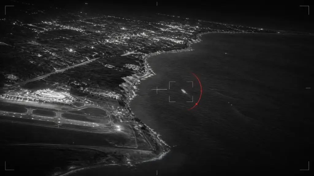 Editorial infrared-style illustration of an object tracked near the Aguadilla coastline