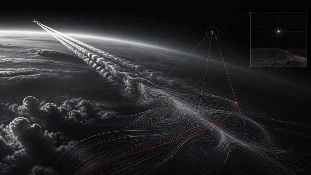 Editorial scientific illustration of an aircraft wake and atmospheric sensor analysis