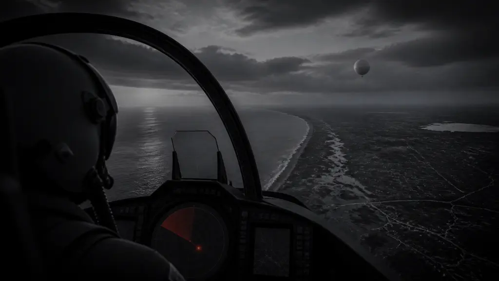 Editorial illustration from a military cockpit showing a balloon-like object above the Florida coast