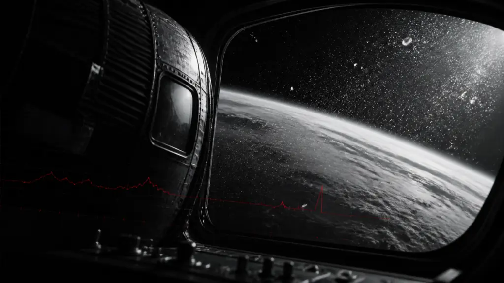 Editorial illustration of the Faith 7 capsule with ice particles visible above Earth