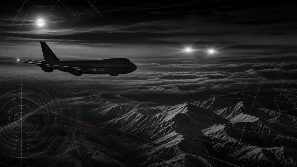 Editorial illustration of a cargo airliner and distant lights over Alaska at night