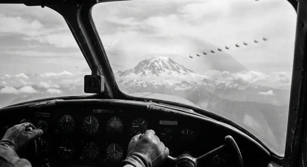 Illustration for Kenneth Arnold's June 1947 Sighting Near Mount Rainier