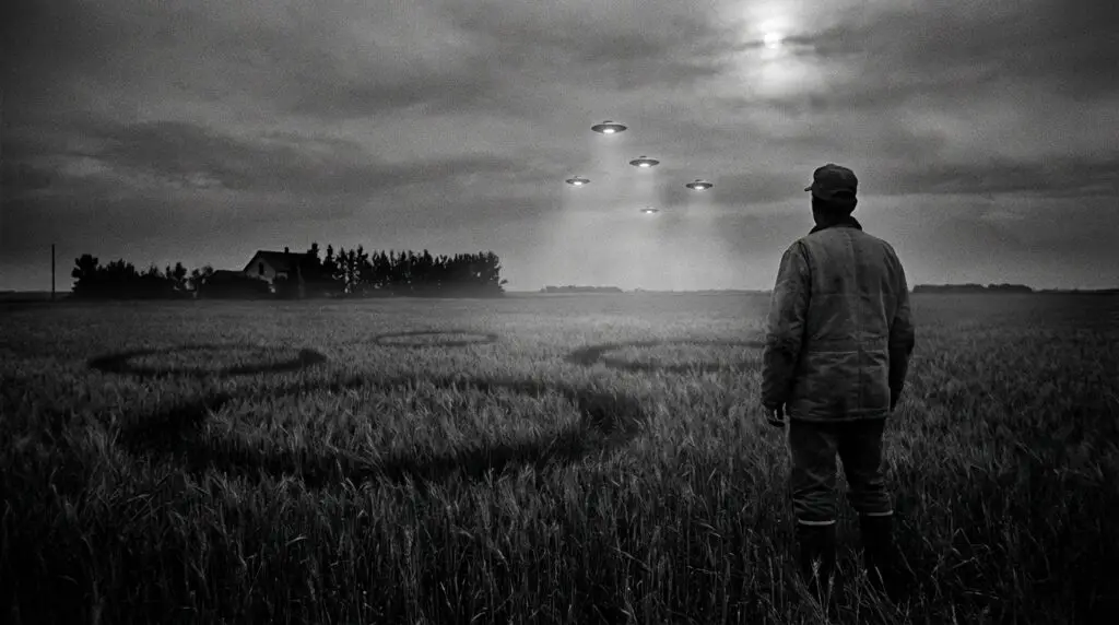 Farmer watching five UFOs over field