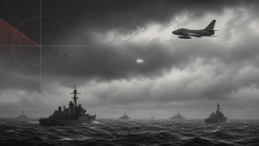 Editorial illustration of a 1952 jet and an ambiguous light above a North Sea naval exercise