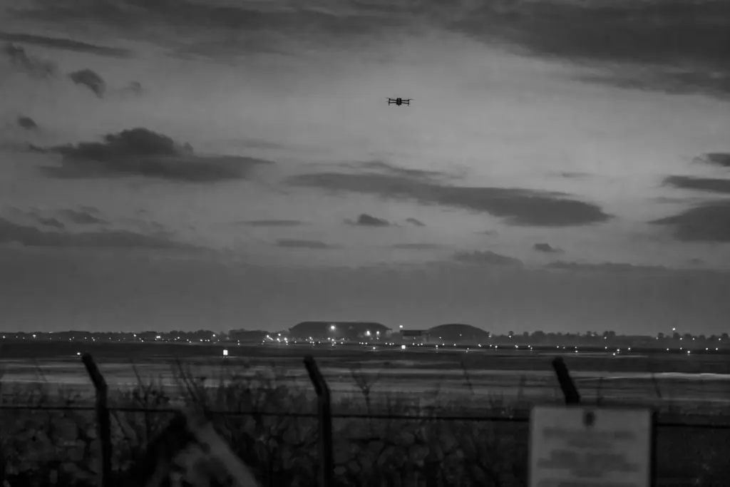 Drone Near RAF Airfield at Dusk