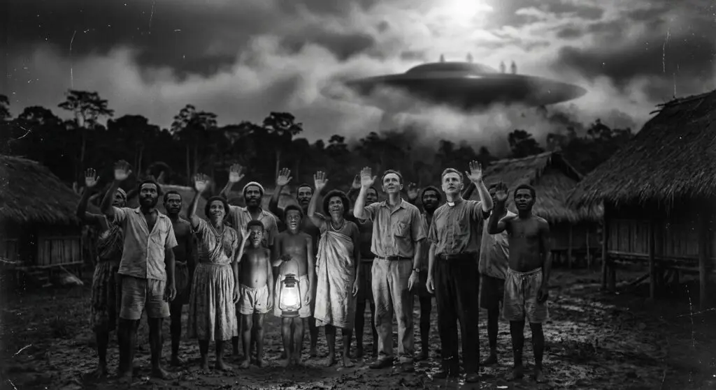 Missionary and witnesses wave at distant craft